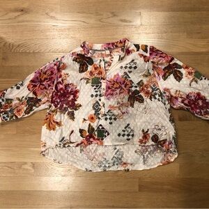 Pilcro White Floral Peasant Blouse with Pink, Orange & Green Accents